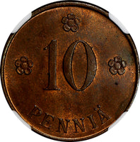 Finland Copper 1919 10 Pennia NGC MS63 RB 1st Year Type KM# 24 (142)