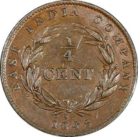 Straits Settlements Victoria Copper 1845 1/4 Cent ch.VF KM# 1 (21 700)