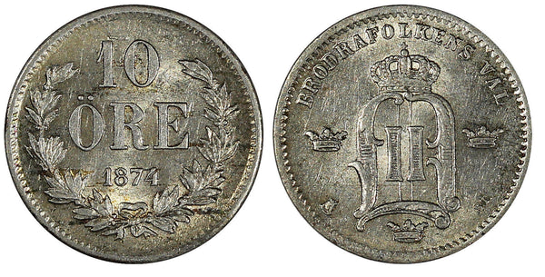 Sweden Oscar II Silver 1874 ST 10 Ore XF/AU 1st Date Type KM# 737 (20 496)