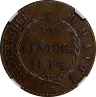 Haiti Copper 1846   AN 43 1 Centime NGC AU55 BN Small Cap Variety KM# 24 (99)