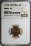 Colombia Bronze 1945 B 1 Centavo NGC MS66 RB TOP GRADED BY NGC KM# 205 (029)