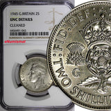 GREAT BRITAIN George VI Silver 1945 Florin /2 Shilling NGC UNC DET.WWII KM855(3)