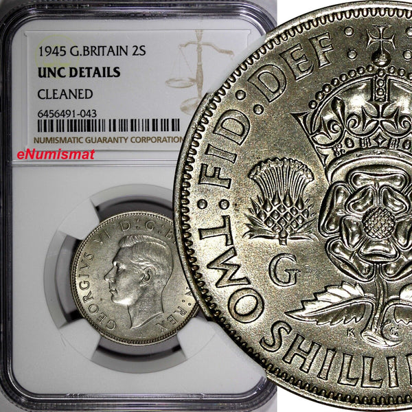 GREAT BRITAIN George VI Silver 1945 Florin /2 Shilling NGC UNC DET.WWII KM855(3)