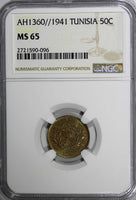 TUNISIA Anonymous  AH1360//1941 50 Centimes NGC MS65 TOP GRADED BY NGC KM# 246