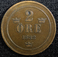 Sweden Oscar II Copper 1882 2 Ore  XF KM# 746   (23 128)