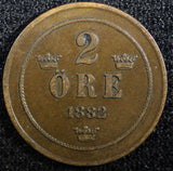 Sweden Oscar II Copper 1882 2 Ore  XF KM# 746   (23 128)