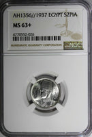 EGYPT Farouk Silver AH1356//1937 2 Piastres NGC MS63+PLUS Mintage-500,000 KM#365
