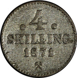 NORWAY Carl XV Silver 1871 4 Skilling 1 YEAR TYPE Mintage-559,000 KM# 337