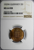 Guernsey 1929-H 2 Doubles NGC MS64 RB Last Date Type Mintage-79,000 KM# 12