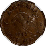 Australia George VI Bronze 1943-I 1/2 Penny NGC MS64 BN  Kangaroo KM# 41