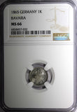 German States BAVARIA Silver 1865 1 Kreuzer NGC MS66 TOP GRADED KM# 873 (32)