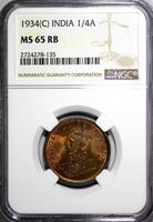 India-British George V Bronze 1934 (C) 1/4 Anna NGC MS65 RB NICE RED KM# 512/135