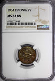 ESTONIA Bronze 1934 2 Senti NGC MS63 BN 1 YEAR TYPE KM# 15 (038)