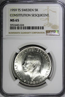 SWEDEN Silver 1959 TS 5 Kronor NGC MS65 Constitution Sesquicentennial KM#830(4)