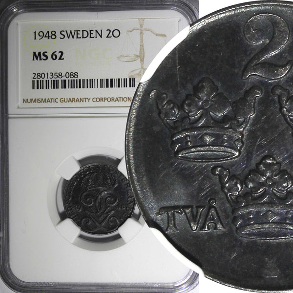 SWEDEN Gustaf V Iron 1948 2 Ore NGC MS62  KM# 811 (088)