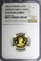 Ethiopia Proof Gold 1966 NI 10 Dollars Mint-28,000 NGC PF67 ULTRA CAMEO KM#38(5)