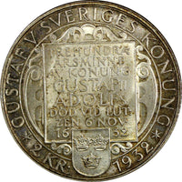 SWEDEN Silver 1932 G 2 Kronor  1 YEAR Death of Gustaf II Adolf  UNC KM# 805 (27)