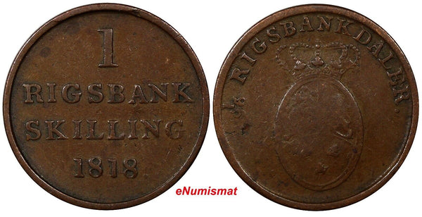 Denmark Frederik VI Copper 1818 1 Skilling Rigsmont Diameter 23 mm KM# 688 (938)