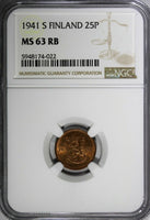 Finland Copper 1941 S 25 Penniä WWII Issue NGC MS63 RB TOP GRADED KM# 25a (022)