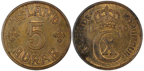 Iceland Christian X Bronze 1940 5 Aurar aUNC KM# 7.2 (21 253)