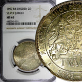 SWEDEN Silver Jubilee Oscar II 1897 EB 2 Kronor NGC MS63 NICE TONED KM# 762 (31)