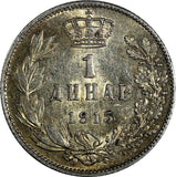 Serbia  Peter I (1903-1918) Silver 1915 1 Dinar Mint Luster Toned KM# 25.3 (386)