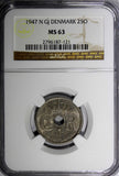 Denmark  Christian X 1947 N; GJ  25 Ore NGC MS63 Last Date for Type KM# 823.2(1)