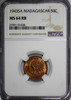 Madagascar French Colony  1943-SA 50 Centimes NGC MS64 RB Rooster KM# 1 (038)