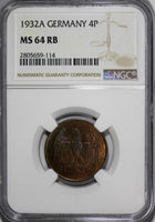 GERMANY, Weimar Republic Bronze 1932 A 4 Reichspfennig NGC MS64 RB KM# 75 (114)