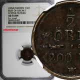 SWEDEN Oscar I Copper Pattern(1854) 1/2 Ore NGC AU55 RARE Ex.Lund  KM# Pn73 (07)