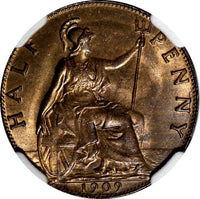 GREAT BRITAIN Edward VII Bronze 1909 1/2 Penny NGC MS64 RB NICE RED KM# 793.2(7)