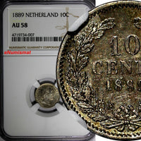 Netherlands William III Silver 1889 10 Cents NGC AU58 Light Toned KM# 80 (007)