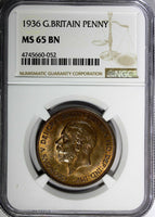 GREAT BRITAIN George V Bronze 1936 1 Penny NGC MS65 BN NICE TONING KM# 838 (52)