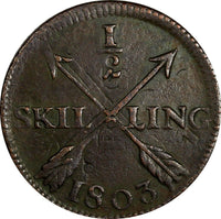 SWEDEN Gustaf IV 1803 1/2 Skilling OVERSTRUCK on 1 Ore (1730-1767) KM# 565 (691)