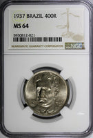 Brazil Oswaldo Cruz Copper-Nickel 1937 400 Reis NGC MS64 KM# 539 (021)