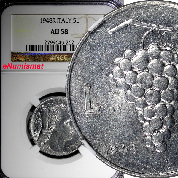 Italy Aluminum 1948 R 5 Lire NGC AU58 KM# 89 (262)