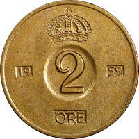 Sweden Gustaf VI Bronze 1959 TS 2 Ore GEM BU Toned KM# 821 (21 953)