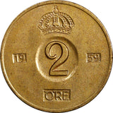 Sweden Gustaf VI Bronze 1959 TS 2 Ore GEM BU Toned KM# 821 (21 953)