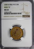 Finland Brass 1949-H 5 Markkaa NGC MS63 VARIETY - WIDE "H" KM# 31a (208)