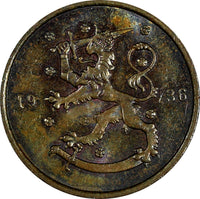 Finland Copper 1936 10 Penniä  UNC Condition KM# 24 (17 469)