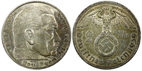Germany - Third Reich Silver 1939 A 2 Reichs Mark Hindenburg KM# 93 (22 333)