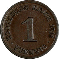 Germany - Empire Wilhelm II Copper 1916 J  1 Pfennig Hamburg Mint KM# 10 (193)