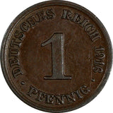 Germany - Empire Wilhelm II Copper 1916 J  1 Pfennig Hamburg Mint KM# 10 (193)