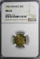 France Aluminum-Bronze 1926  50 Centimes NGC MS63 Mercury seated KM# 884