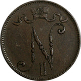 Finland Nicholas II Copper 1899 5 Penniä Mintage-860,000 KM# 15  (18 731)