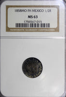 Mexico Republic Silver 1858 Mo-FH 1/2 Real NGC MS63 Deep Toned KM# 370.9