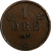 SWEDEN Oscar II Bronze 1877 1 Ore Large Letters KM# 745 (14 707)