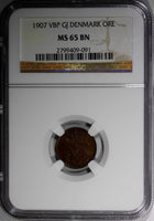 Denmark Frederik VIII Bronze 1907 1 Ore NGC MS65 BN KEY DATE KM# 804 (091)