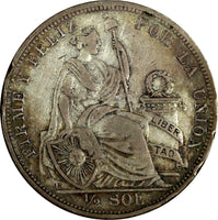 Peru Silver 1908 LIMA FG-JR 1/2 Sol Mintage-30,000 KEY DOUBLE DATE RARE KM# 203