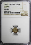 Guatemala Silver 1893 1/4 Real NGC MS64 3 STARS Nice Toning KM# 161